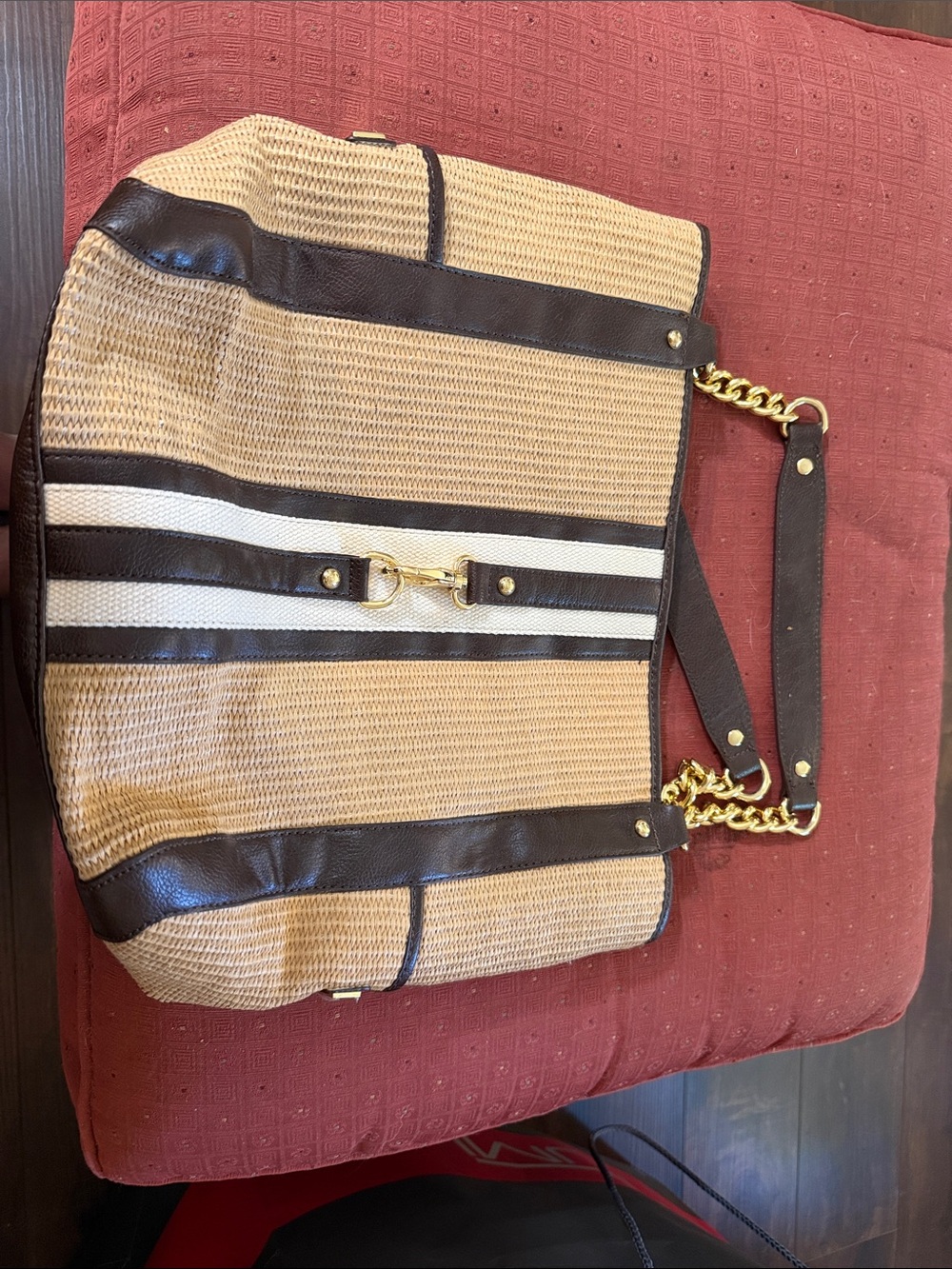 Beige Straw Shoulder Bag with Dark Brown Trim and Gold Chain Hardware